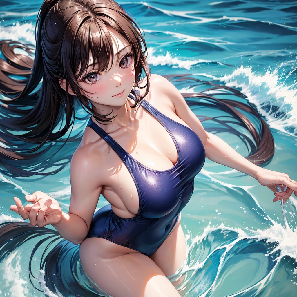 (4K,masterpiece,Highest quality),Browsing Caution,No background,Dynamic Angle,Upper Body,(A Japanese woman),alone,(Age 35):1.2,Slender body,Outdoor,No items,No objection,Bobcut,Long Hair,Brown Hair,Detailed face,Beautiful Face,A light smile,shy,no nostrils,Detailed skin,Beautiful Hips,(Close-fitting deep blue compression one-piece swimsuit):1.2,Wet,(Accentuate your body lines):1.2,Simple Background,High leg
