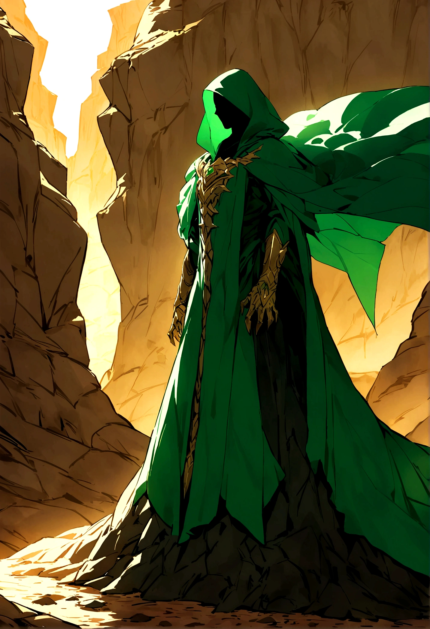 A mage cloaked in emerald robes, their feet rooted to the ground, their spells causing the earth to quake and tremble beneath their enemies' feet. Their presence exudes stability and strength, as they draw upon the power of the earth itself. The background must be a desert with cliffs.