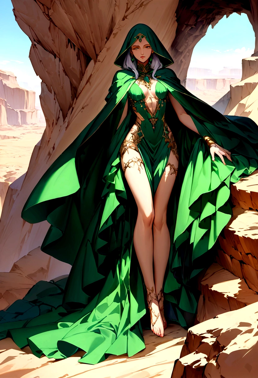 A mage cloaked in emerald robes, their feet rooted to the ground, their spells causing the earth to quake and tremble beneath their enemies' feet. Their presence exudes stability and strength, as they draw upon the power of the earth itself. The background must be a desert with cliffs.