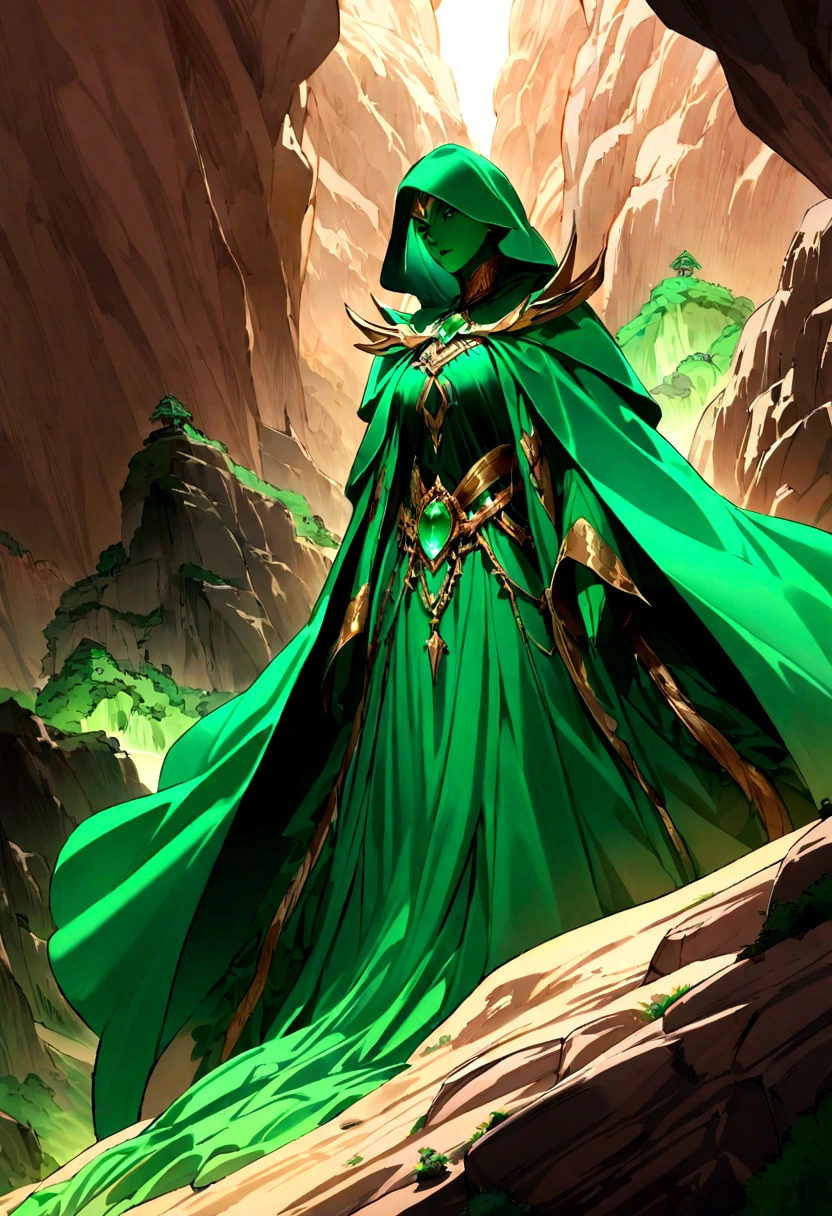 A mage cloaked in emerald robes, their feet rooted to the ground, their spells causing the earth to quake and tremble beneath their enemies' feet. Their presence exudes stability and strength, as they draw upon the power of the earth itself. The background must be a desert with cliffs.