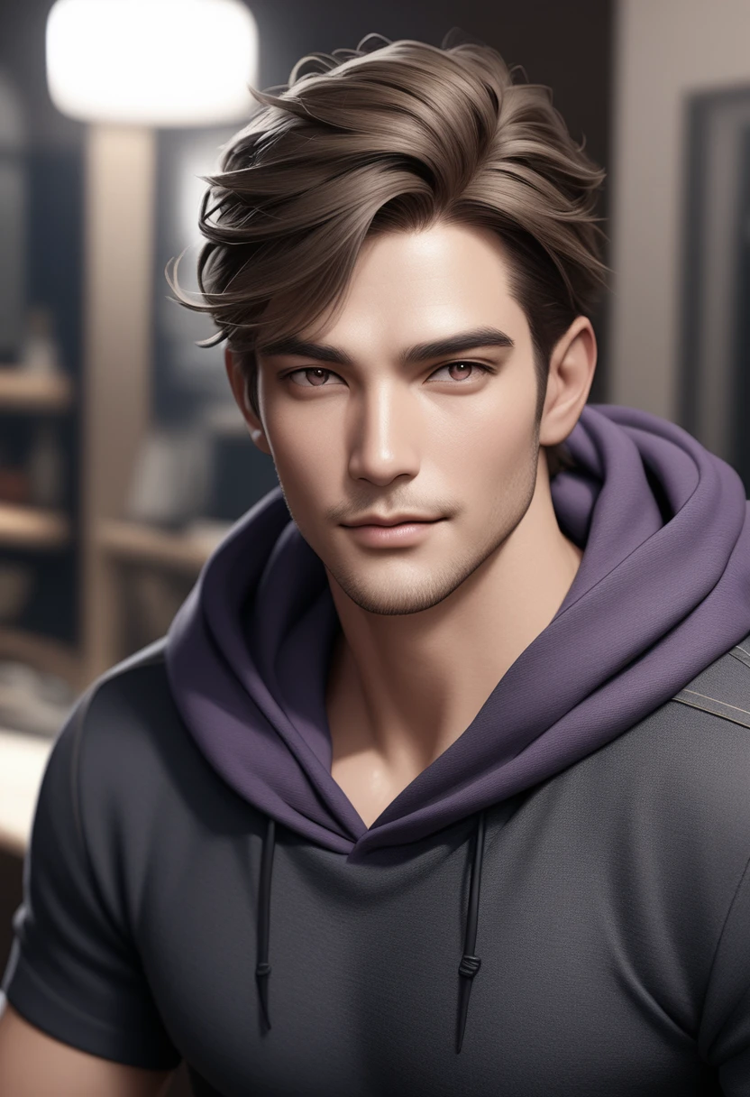 3D realistic image of a handsome guy wearing a purple and black hoodie 