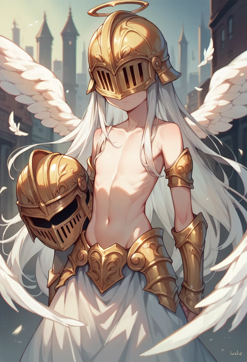 girl,armor, slit, bare breasts, ((flat chest)),slender, In to stage,long hair,(loli),danceing,white hair,angel wings,(((golden helmet))),(((cover one's eyes))),city street。golden swrod