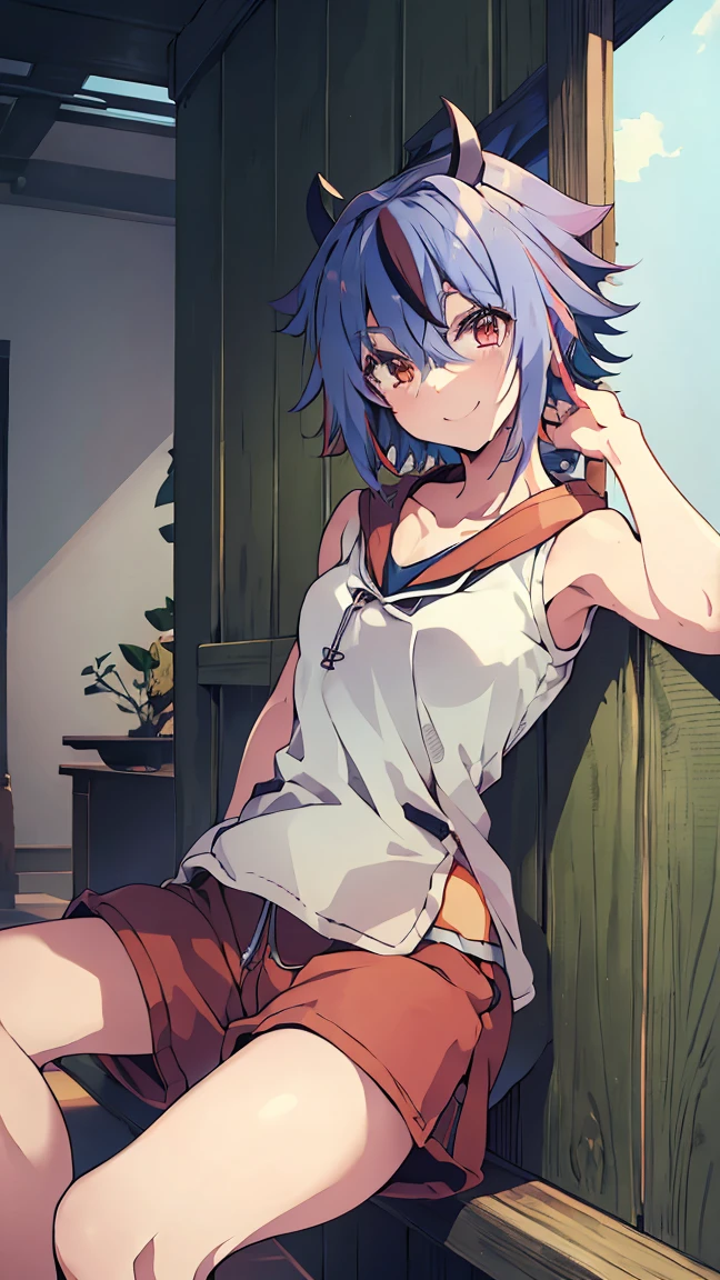 masterpiece, Highest quality, High resolution, Very detailed,(((Mikoto Naruka))), (((Shorts))), (((smile))), White T-shirt