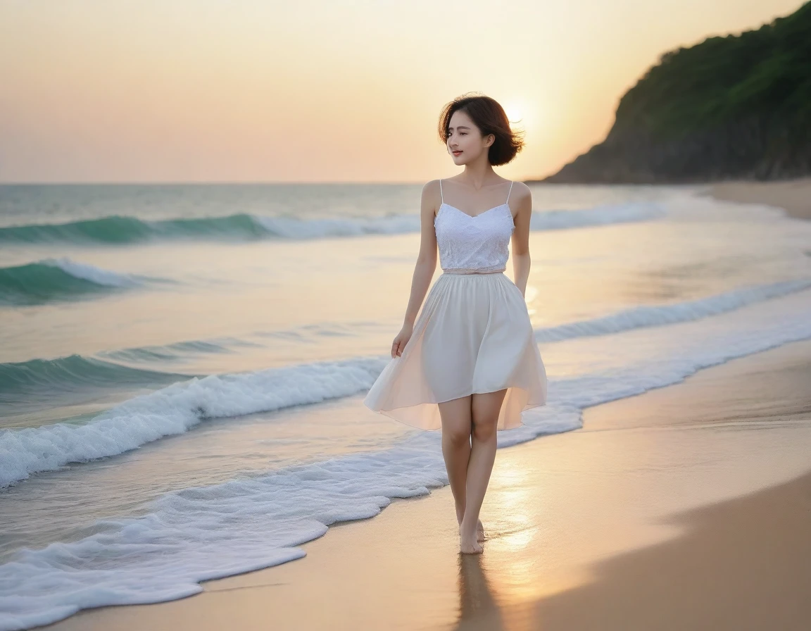 8K, sunset red sun on the beach,A strong lingering scent is reflected in the sea., Beautiful 36-year-old short Korean woman, Chest size 34 inches, Wear sleeveless, light skirt. beautiful pretty woman look , wearing a light skirt , Go far into the sea water and dip your toes., Short medium hair blowing in the wind, 1 woman, beautiful eyes, a little smile, Full-body photo taken from afar with a wide-angle lens, The background is clean and perfect., the waves are coming, The picture quality is very clear and clear