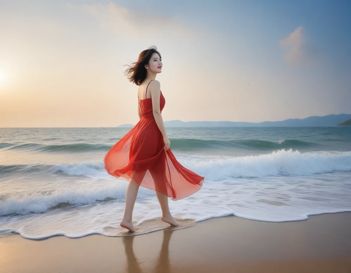 8K, sunset red sun on the beach，A strong lingering scent is reflected in the sea., Beautiful 36-year-old short Korean woman, Chest size 34 inches, Wear sleeveless, light skirt. beautiful pretty woman look , wearing a light skirt , Go far into the sea water and dip your toes., Short medium hair blowing in the wind, 1 woman, beautiful eyes, a little smile, Full-body photo taken from afar with a wide-angle lens, The background is clean and perfect., the waves are coming, The picture quality is very clear and clear