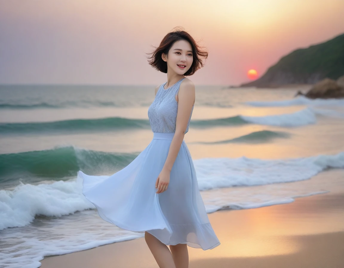 8K, sunset red sun on the beach,A strong lingering scent is reflected in the sea., Beautiful 36-year-old short Korean woman, Chest size 34 inches, Wear sleeveless, light skirt. beautiful pretty woman look , wearing a light skirt , Go far into the sea water and dip your toes., Short medium hair blowing in the wind, 1 woman, beautiful eyes, a little smile, Full-body photo taken from afar with a wide-angle lens, The background is clean and perfect., the waves are coming, The picture quality is very clear and clear