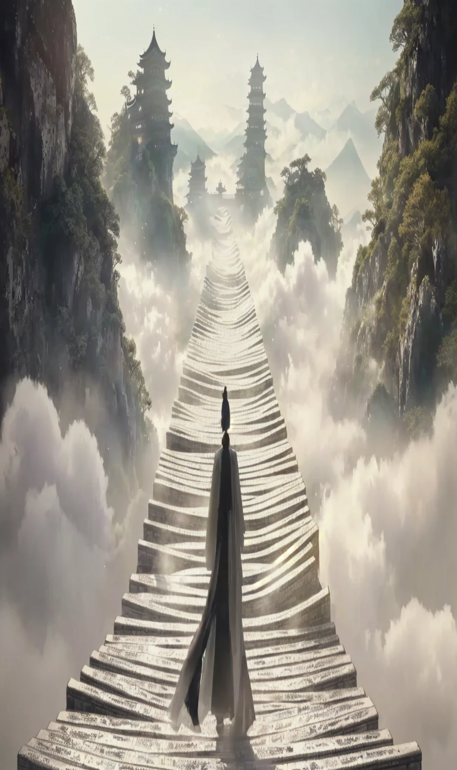 Image of a man standing on the stairs leading to the castle, The Flowery Road to Heaven, author：Yang J, Chinese Fantasy, An ancient road, She is approaching heaven, Sky Bridge, Taoism, author：Han Gan, Taoism大师, To the sky, Heaven&#39;s Gate, by Qu Leilei, The Path to Enlightenment, Cloud Palace