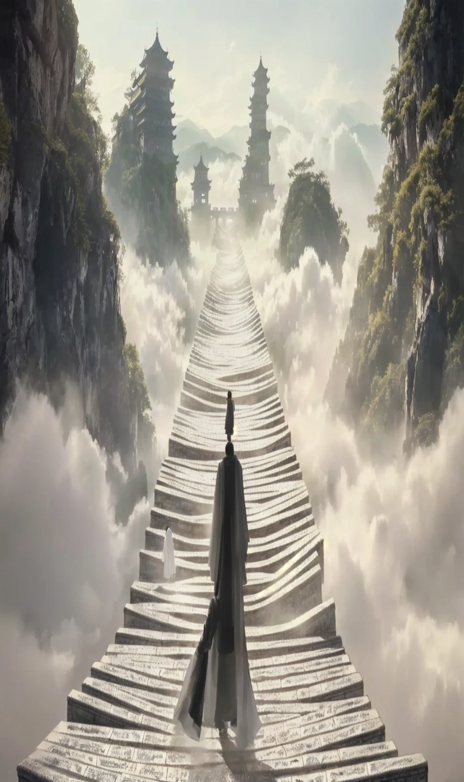 Image of a man standing on the stairs leading to the castle, The Flowery Road to Heaven, author：Yang J, Chinese Fantasy, An ancient road, She is approaching heaven, Sky Bridge, Taoism, author：Han Gan, Taoism大师, To the sky, Heaven&#39;s Gate, by Qu Leilei, The Path to Enlightenment, Cloud Palace