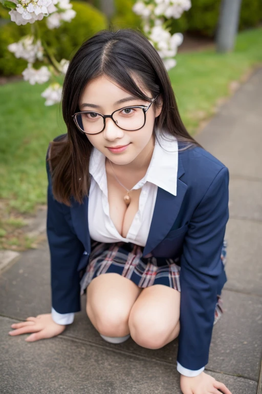 (masterpiece, Highest quality, High resolution,8K, RAW images), Beautiful 15 year old Japanese student, Wearing glasses, Beautiful black hair, Wearing glasses, Traditional ,(Navy Blue Blazer,White collared shirt, Dark red bow tie, Grey plaid pleated skirt, White socks, Black Loafers), Big Breasts, Cleavage, Japanese school with cherry blossoms in full bloom , Shoot at the best angle、Wide legged、Black pants in full view、On all fours