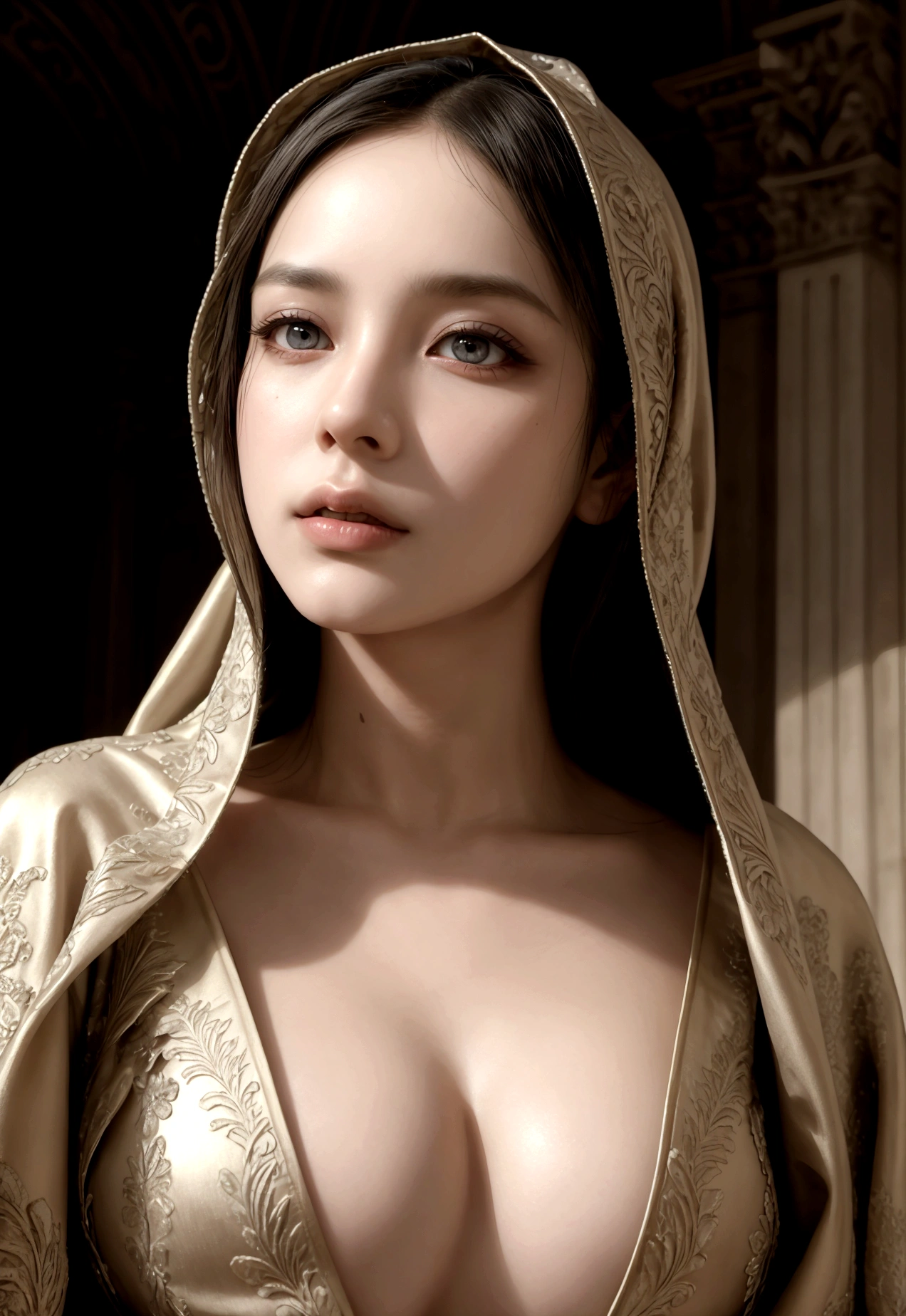 prostituta de jerico,1woman,intricate detailed face,beautiful detailed eyes,beautiful detailed lips,extremely detailed face,longeyelashes,mysterious expression,saintly woman in religious robes,religious architecture,baroque,chiaroscuro lighting,dramatic lighting,muted color palette,cinematic,photorealistic,8k,highres,masterpiece:1.2,ultra-detailed,realistic