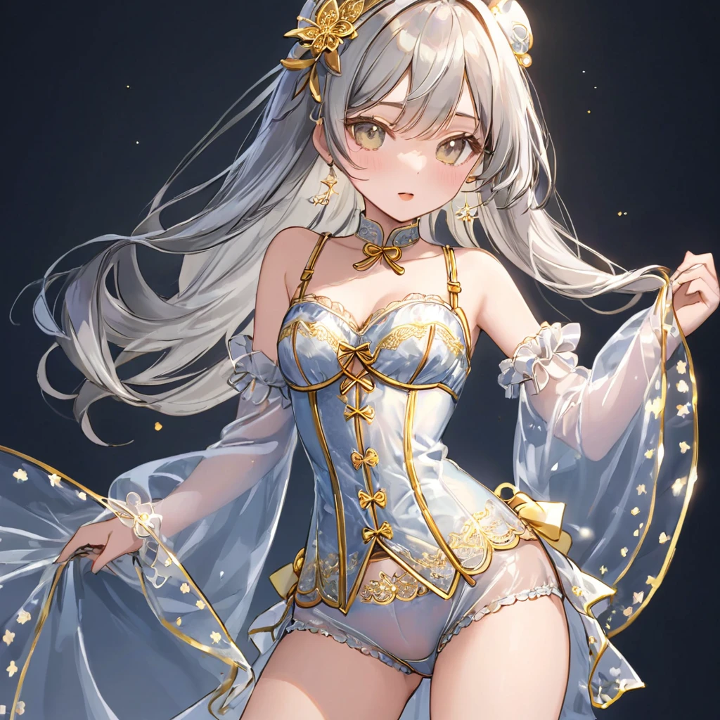 8--old l, 1people、Pajamas、Gold and silver thread embroidery、Translucent underwear that reaches below the knee(Bloomers)wear、wear a semi-transparent corset、Translucent slip