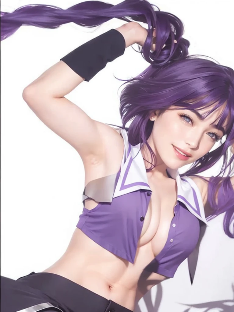 realistic, masterpiece, cinematic lighting, 8K, real life, real image details, intricate details, perfect color details, high brightness, medium contrast, hair shape details, eye image details, face shape details, real shining skin, a beautiful girl, long purple hair, middle bangs hair type, oval face shape, thin purple eyebrows, purple eyes, pink lips, open mouth, smiling, short purple collared sleeveless shirt, open buttoned shirt, sexy body, showing big chest, arms smooth upwards, smooth armpits, 5 perfect fingers, palms holding hair, black shorts