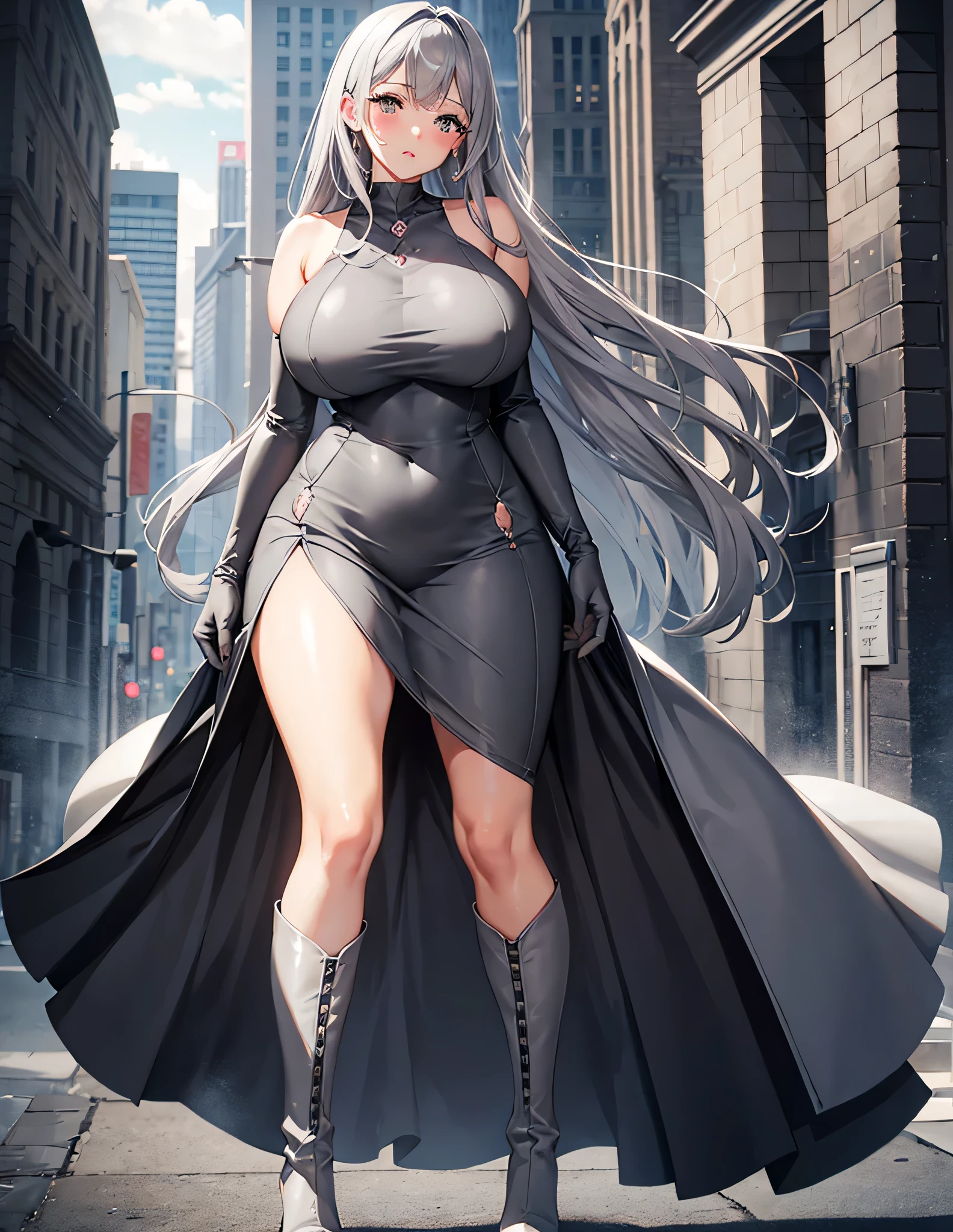 Full body, beautiful gray eyes, blush, cute face, (1 cute woman, solo: 1.1), lips, gigantic breasts, beautiful background, gray hair, gray dress, gray elbow gloves, gray high heel boots, naked shoulders