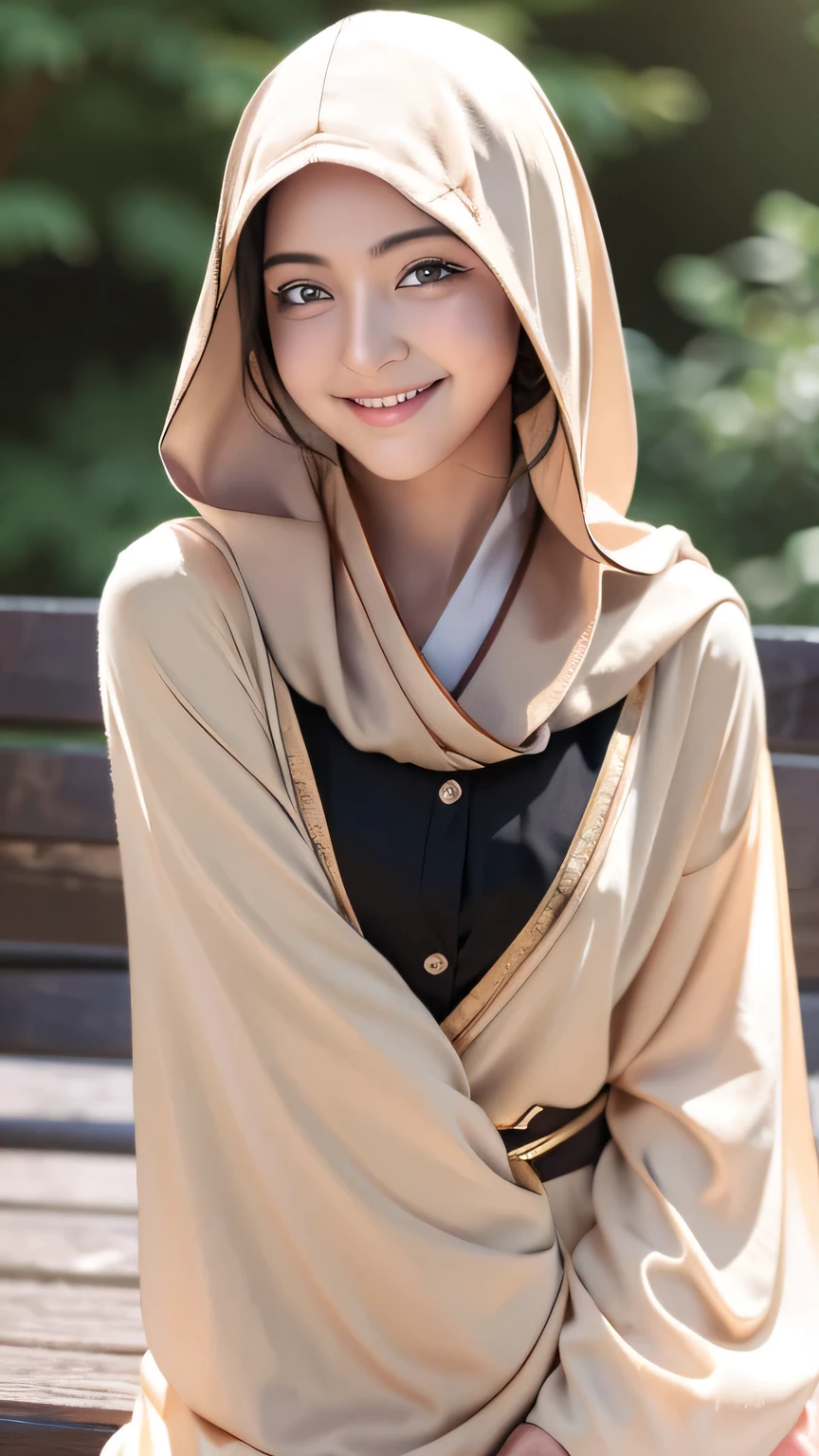 RAW photo of 18 year old girl in hijab,Hanabi Hyuga character,realistic depiction,satin abaya,satin,hijab face portrait,neutral background,8k uhd,dslr,soft lighting,high quality,film grain,Fujifilm quality detail, perfect work, facing the camera, half body photo. cute and sweet smile expression. charming ,detail Hijab muslim,detail dres ,detail eyes