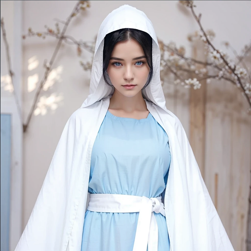 Beautiful woman with light blue eyes wearing blue tunic and white cloak, She has long black hair