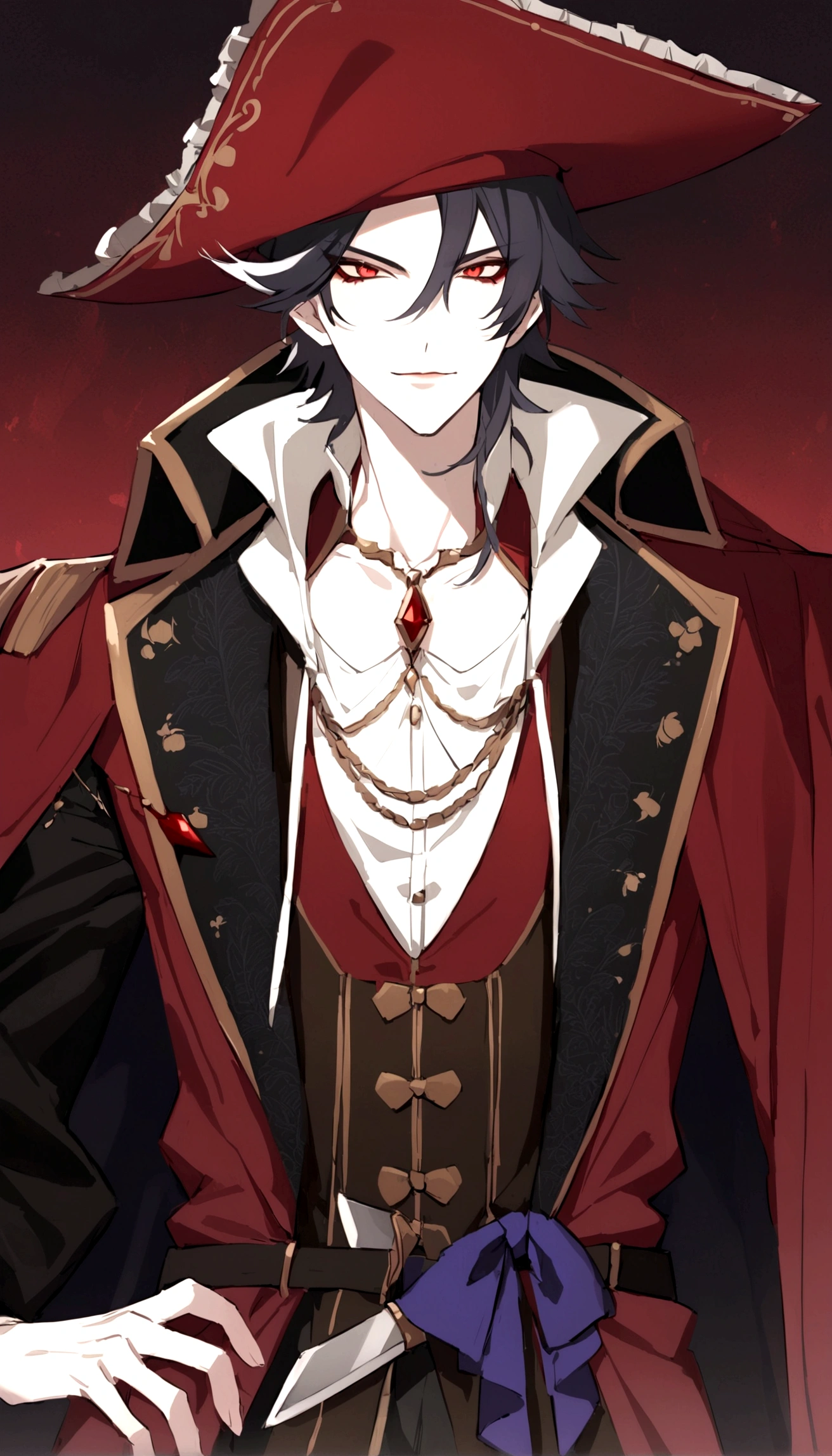 a man in a pirate costume holding a knife and a knife, alucard, handsome male vampire, male vampire, delicate androgynous prince, ((wearing aristocrat robe)), beautiful androgynous prince, vampire lord, androgynous vampire, dignified aristocrat, male vampire of clan banu haqim, machiavellian puppetmaster
