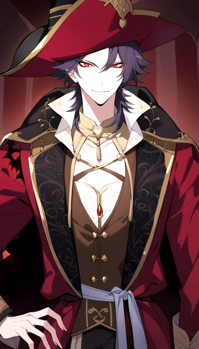 a man in a pirate costume holding a knife and a knife, alucard, handsome male vampire, male vampire, delicate androgynous prince, ((wearing aristocrat robe)), beautiful androgynous prince, vampire lord, androgynous vampire, dignified aristocrat, male vampire of clan banu haqim, machiavellian puppetmaster