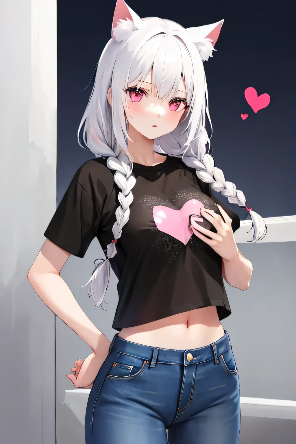 White hair, long braids, cat ears, 1girl, solo,  breast, red eyes, morning, crop t-shirt, Jeans, hands with a heart, background simple pink eyes