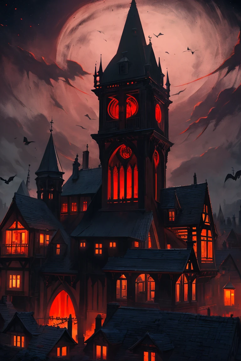 old European village shot with bird view, (Red glowing eyes), masterpiece, Depth of written boundary, Lutz, Gwaites style artwork, Gothic aesthetics, Dark Vampire village, ((in the dark gothic style cathle:1)), ((dark mid-night time:1.5)),