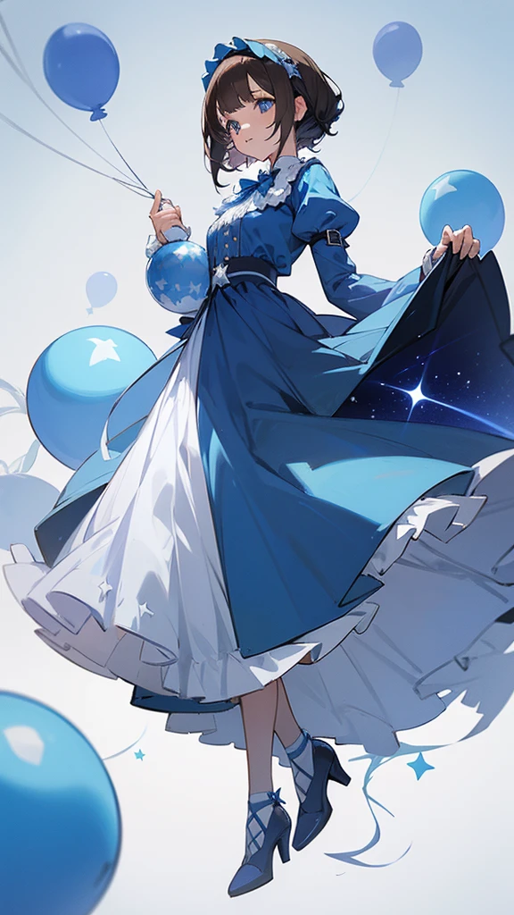anime ai girl wearing a blue long dress with stars on it with white laces around her heels is white and her corest has stars on it her hair is brown and her hair is short her eyes are blue holding a balloon full body and white screen