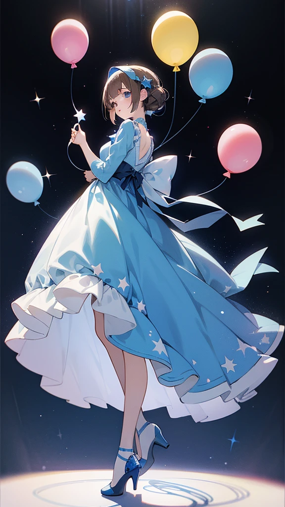 anime ai girl wearing a blue long dress with stars on it with white laces around her heels is white and her corest has stars on it her hair is brown and her hair is short her eyes are blue holding a balloon full body and white screen