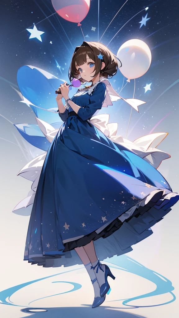 anime ai girl wearing a blue long dress with stars on it with white laces around her heels is white and her corest has stars on it her hair is brown and her hair is short  her eyes are blue holding a balloon full body and white screen