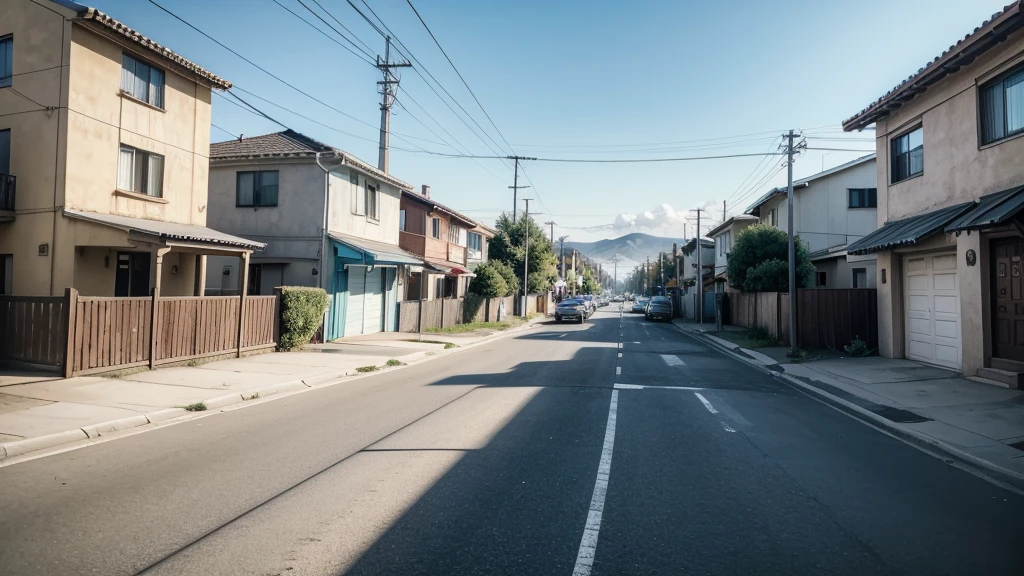 neighborhood, quiet day, no people on the street, several houses