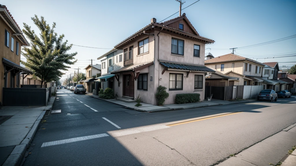 neighborhood, quiet day, no people on the street, several houses