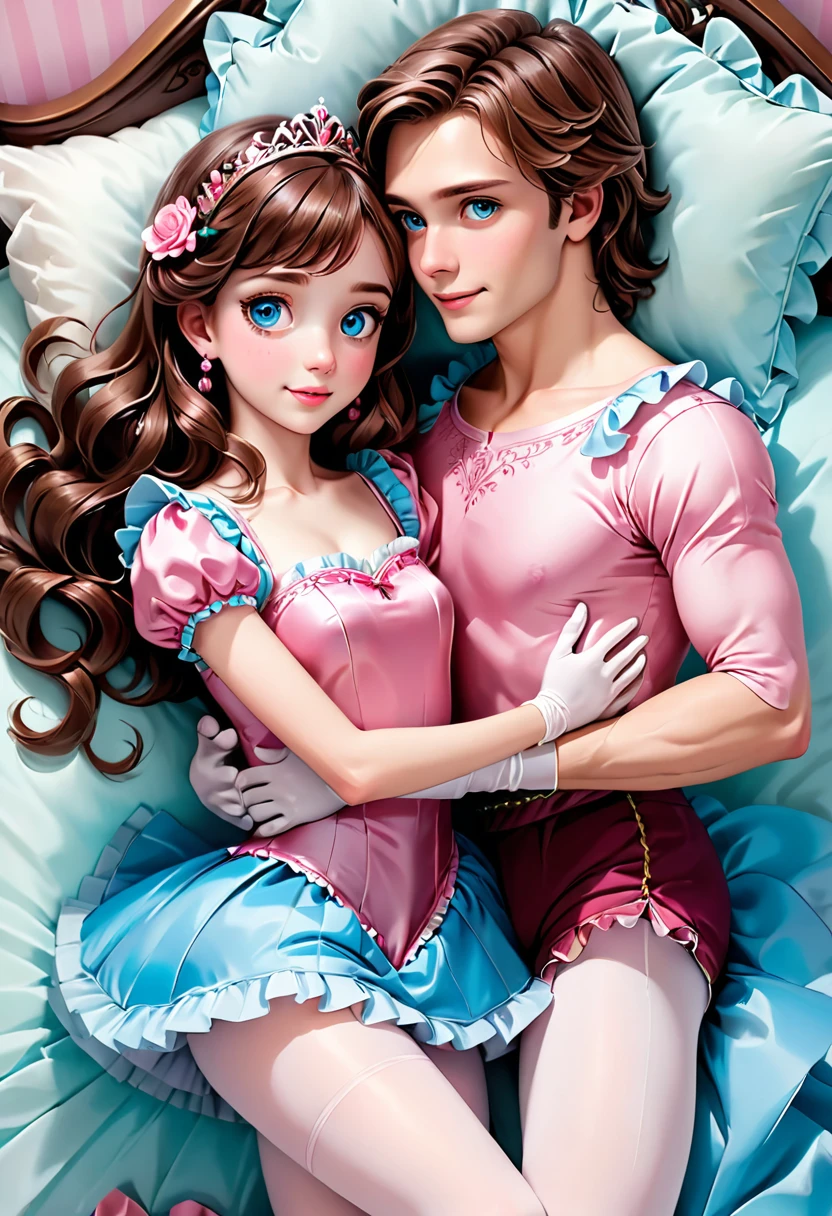 (Style-Princess) (1 man, 1 catgirl) (hetero, couple) (crossdressing, fully clothed) (brown hair, blue eyes) (portrait) (women's clothes only) (women's beautifully feminine skintight velvet floral print frilly girly pink adorable ballet leotards) (white opaque tights, no shoes) (tiaras, pink shoulder-length silk gloves:1.3) (woman's bedroom, four-poster bed) (lying down, hugging, bending knee) (intimacy, playfulness, closeness)