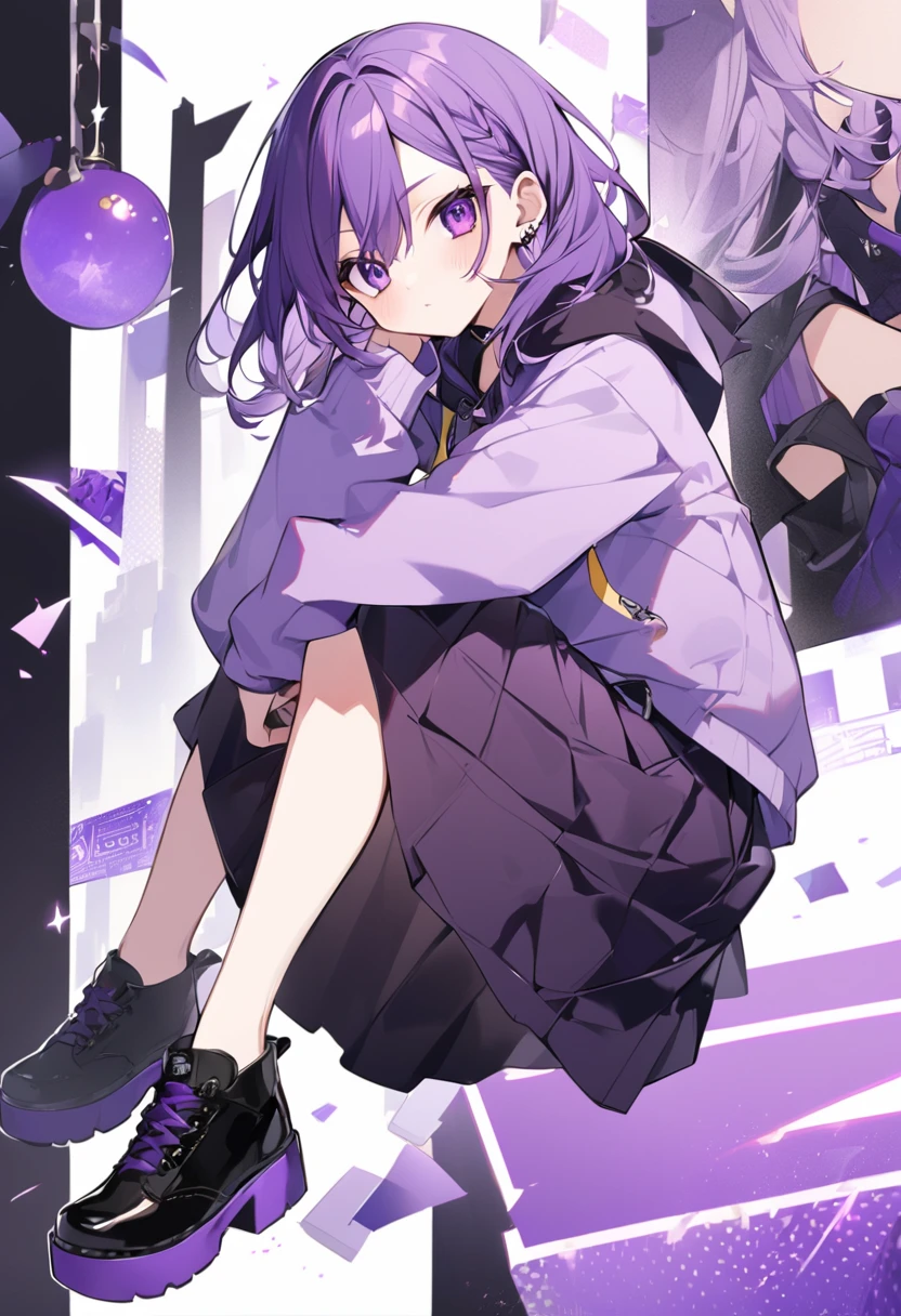 Keito。Purple hoodie。Black Skirt。Purple Eyes。Purple Hair。Black shoes下。Black shoes。2 people