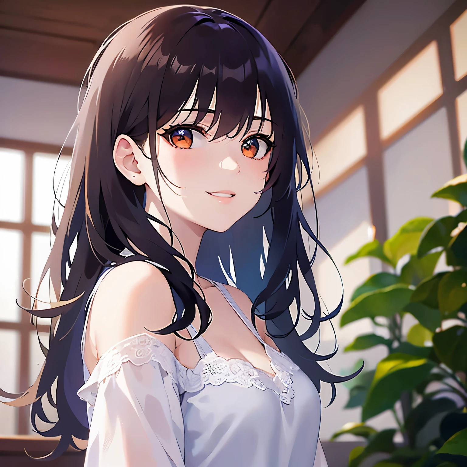 hand on own face, looking back, Realistic, real person, (pale skin: 1.2), RAW photo, photorealistic, shiny skin, shiny hair、(A 25-year-old woman with medium-length hair and bangs) and (wavy hair) and (brown hair) and (Orange Eyes) , (white) and (off shoulder blouse) 、 (smile:1.3), open mouth、Alone、Are standing、The background is the living room