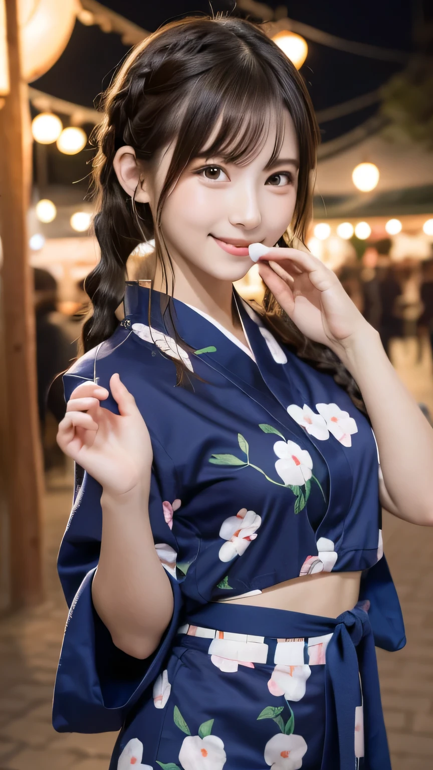 Best picture quality (8K, high resolution, Masterpiece: 1.2), super detailed,  215 Short Hair,Three braids long hair, -yeld wo, 

situation: Holding 大きな cotton candy、The moment you take a bite。
detailed:
angle: Bring the cotton candy close to your mouth、The moment you take a biteを斜め前から捉えたショット。
clothing: In a cool yukata、A small bag is slung over her shoulder。A small flower hairpin in her hair。
atmosphere: The warm light of the lanterns at night、The softness and fluffiness of the cotton candy stands out.。In the background, a lively festival atmosphere spreads out.。

Active Pause ,Beside her、The thunder danced。
break Focus on upper 腰


, random cute pose ,big eyes ,Puffy eyes ,  Heart Pupil, blush  , huge shy smile , salute


