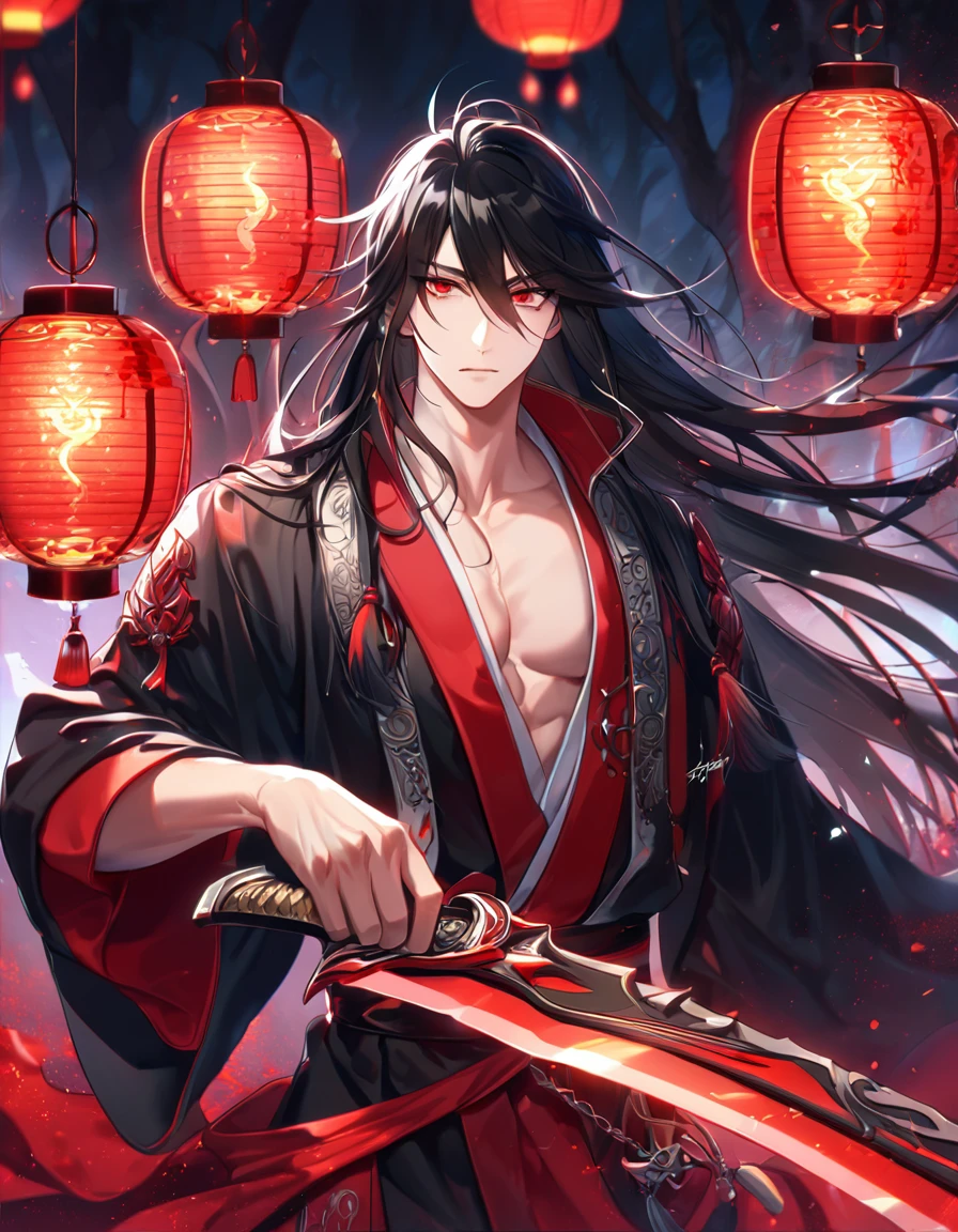 absurdres, highres, ultra detailed, HDR, master piece, best quality, extremely detailed face, delicated features, Xue Yu, untamed spiky hair, black hair, long hair, hair between the eyes, expressive red eyes, Thousand Years War, solo, sexy man, holding a sword in his right hand, handsome, toned chest, black haori, red fantasy robes, moon, red water blood, fantasy, magic, envy magical, forest, red dust, red lanterns, red floating round lights