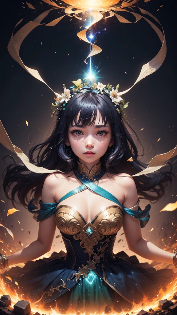 (masterpiece、Highest quality、beautiful:1.2)、(beautifulデジタルアート:1.2)、1 Girl、Round eyes、Shining pupils、Fair face、Strong and weak gaze、Clear skin、Fair Hand、Agnes Cecil Style、Mysterious and enchanting atmosphere、Ingredients to mix、Intertwined material、Best Abstract Art、Surreal、A chaos of overlapping bright and transparent holographic colors of blue and green、Glowing particles scattering、(Thick and unstable strokes:1.2)、Spectacular galactic background