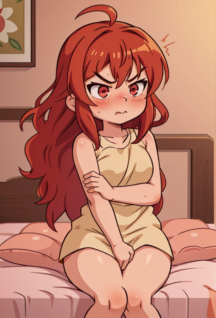 (solo:1.5),è¾èä¸,1girl,red hair,ahoge,bangs,hair between eyes,thick eyebrows,red eyes,nsfw,shy,tsundere,glaring,blush,wavy mouth,sitting on bed,pillow,bed sheet,light,ç½ç¡è¡£,long hair,very long hair,white dress,white pajamas,bare shoulders,medium breasts,bare legs,cleavage,frilled dress,collarbone,bare foot,panorama,tile_floor,open mouth,
panties,tile wall,, Exquisite visuals, high-definition,masterpiece,best quality,Exquisite visuals,high-definition,masterpiece,best quality,18yo,Young female,Beautiful Fingers,Beautiful long legs,Beautiful body,Beautiful character design,