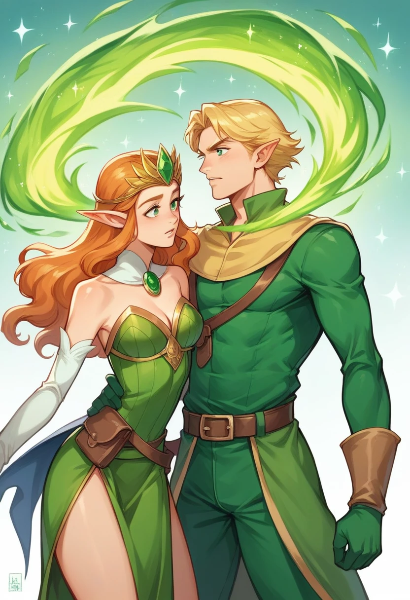 American classic comics art: Enchantress boy, very young boy ethereal delicate, long bright yellow blond hair with beautiful waves, green helmet tiara on his forehead, strong-green sleeveless enchanting wizard outfit delicate, long gloves, covered neck, emerald-green fire magic energy sphere, very young face boy, tight dark green leggings, The Enchantress Marvel outfit boy, classic medieval enchanting male boy, elf young wizard boy, classic comic book, 
