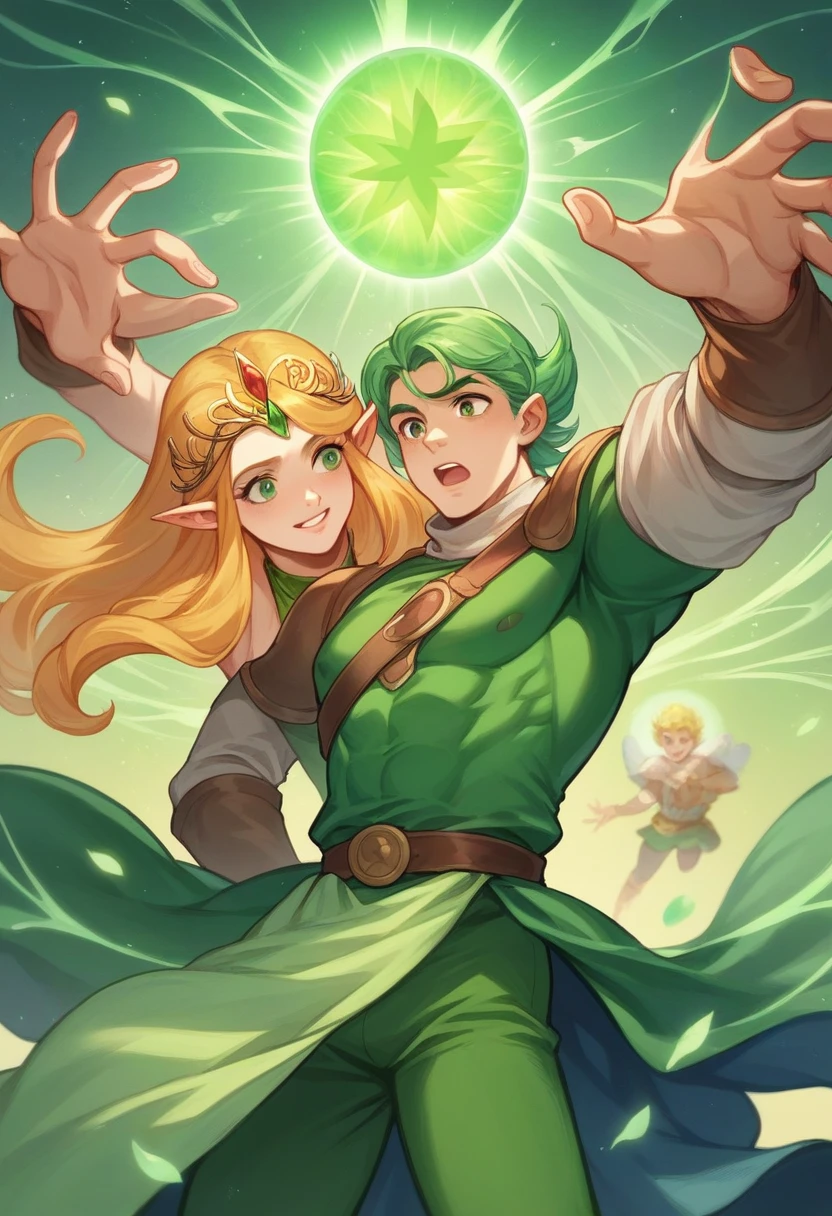 American classic comics art: Enchantress boy, very young boy ethereal delicate, long bright yellow blond hair with beautiful waves, green helmet tiara on his forehead, strong-green sleeveless enchanting wizard outfit delicate, long gloves, covered neck, emerald-green fire magic energy sphere, very young face boy, tight dark green leggings, The Enchantress Marvel outfit boy, classic medieval enchanting male boy, elf young wizard boy, classic comic book,
