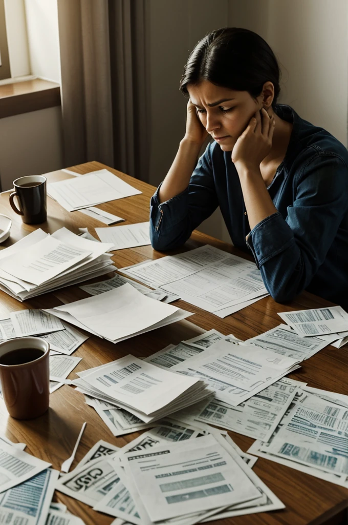A person is sitting in his living room, surrounded by bills and papers spread across the table. She has her head in her hands, visibly worried and sad. The light is soft and there is an air of tension in the air.