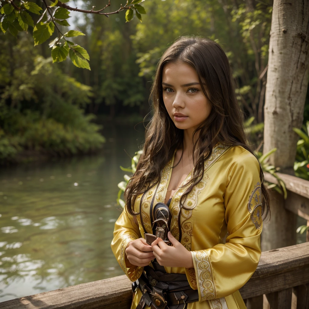 adriana lima, thick brown hair, hot , Ukrainian girl, wavy brown hair, Dasha Taran, pretty beautiful brunette, (solo one girl : 2.0), best quality, intricate details, highres,(beautiful detailed water:1.4),(hanfu, tang style),yellow eyes,(1girl in glass jar:1.1),