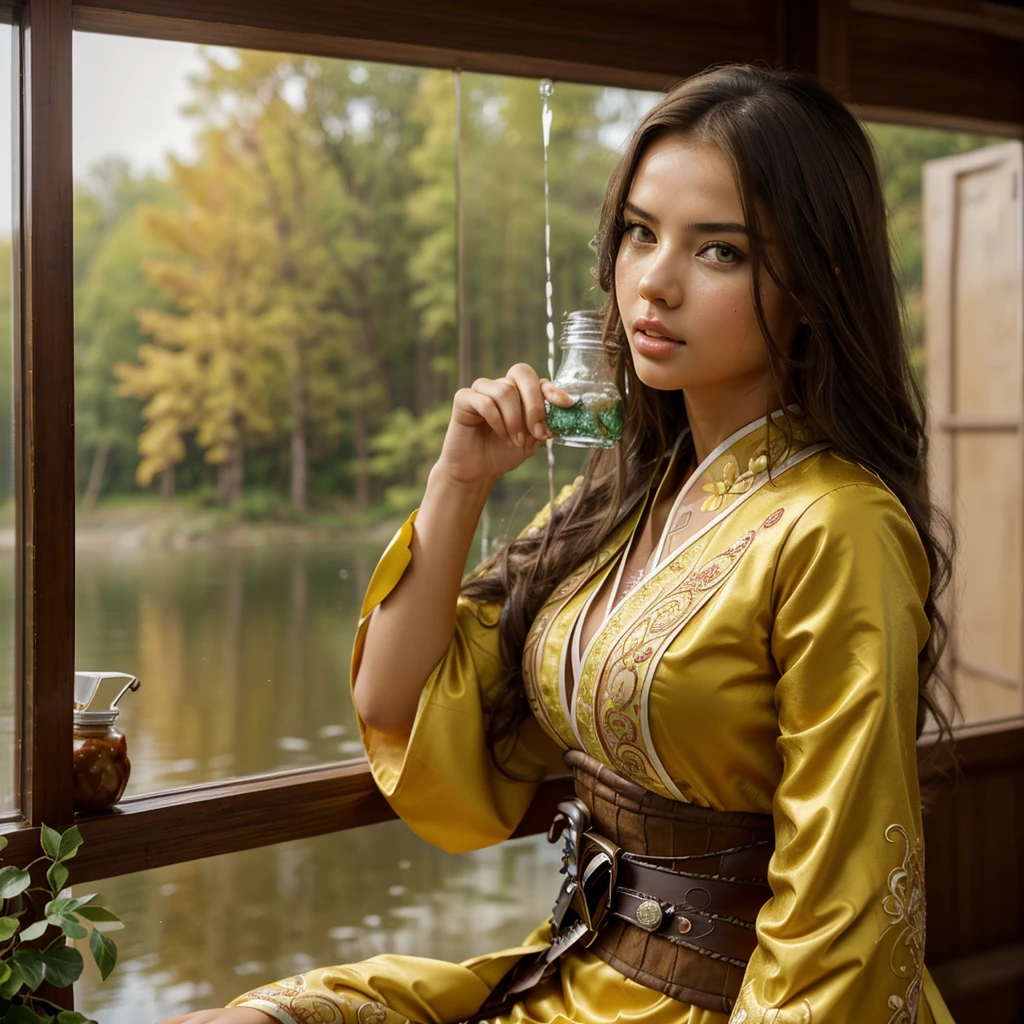 adriana lima, thick brown hair, hot , Ukrainian girl, wavy brown hair, Dasha Taran, pretty beautiful brunette, (solo one girl : 2.0), best quality, intricate details, highres,(beautiful detailed water:1.4),(hanfu, tang style),yellow eyes,(1girl in glass jar:1.1),