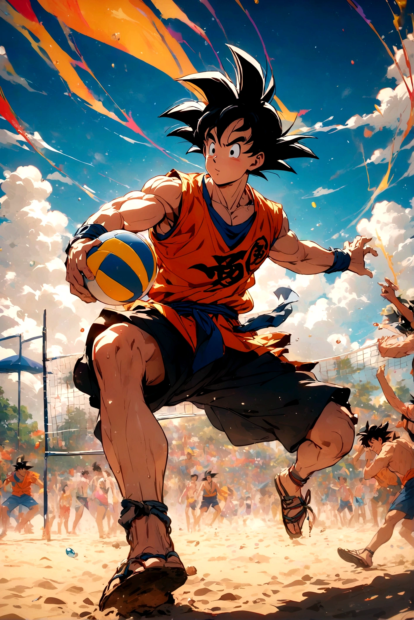 1boy, male focus, piccolo, dragon ball, playing beach volleyball