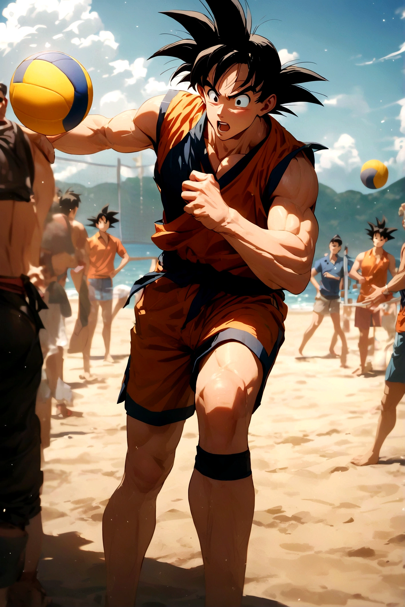 1boy, male focus, piccolo, dragon ball, playing beach volleyball