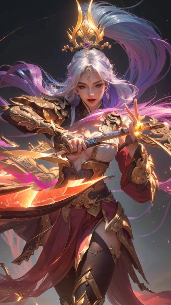 (8k, RAW photo, best quality, masterpiece:1.2),(realistic, photo-realistic:1.4), ultra-detailed, extremely detailed cg 8k wallpaper,(crystalstexture skin:1.2), (extremely delicate and beautiful),8k photo, super high quality, super realistic, super 10x pixels, optical, bright studio, bright edges, dual-tone lighting, (high-detail skin:1.2), super 8k, soft lighting, high quality, volumetric lighting, photorealistic, photorealistic high resolution, lighting, best photo, 4k, 8k quality,a woman with a sword and a crown on her head, extremely detailed artgerm, onmyoji detailed art, heise jinyao, ig model | artgerm, by Yang J, artgerm detailed, ne zha from smite, splash art, style artgerm, irelia, concept art | artgerm, official splash art,no bra,glowing sword,glowing hand,hot vibes,white hair