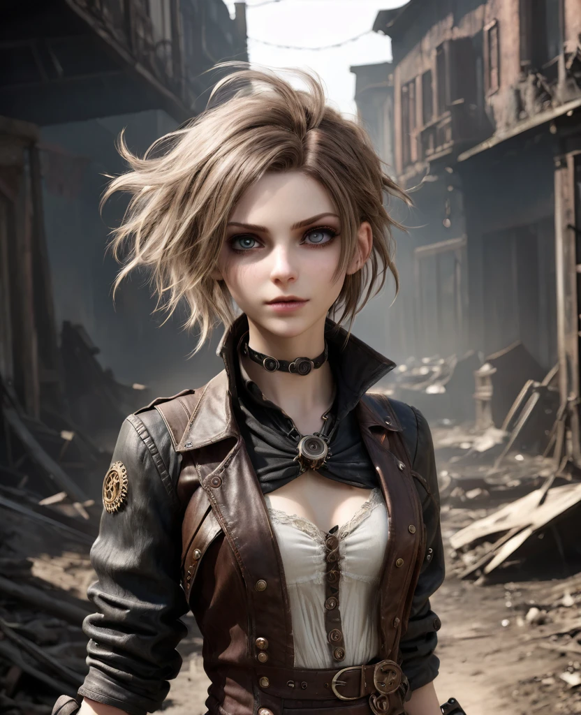 (((high resolution))), (((extremely detailed))), ((masterpiece)), dramatic shadows, depth of field, analog photo style, (world in which are collide steampunk and postapocalyptic vibes), postapocalyptic cute female in steampunk torn dirty clothes, looks like Aerith Gainsborough, depth of field, full body shot, unzoomed, (perfect body: 1.4), (sidecut short hairstyle), (stalking is quite common, although not the best way to make a living), looks interested, stylized atmosphere of unreality, dark aesthetic, dynamic pose, in motion, Armageddon, increase cinematic lighting, highly lifelike skin texture, parted lips, weary eyes, fine eyes, whitened skin, random hair colour, doomsday aura,