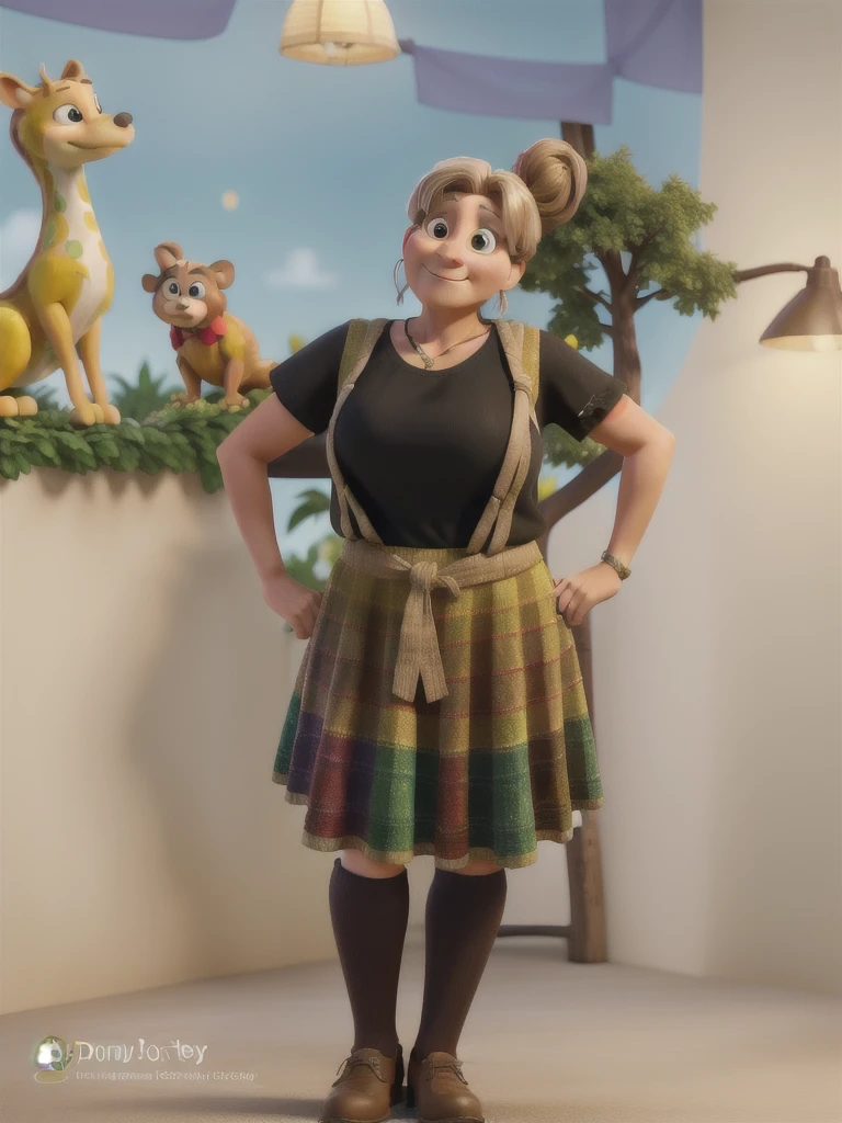 A 50-year-old woman, with long light brown hair with blonde highlights tied up, wearing a colorful skirt with the colors green, yellow and red, Disney Pixar style, high quality, best quality.