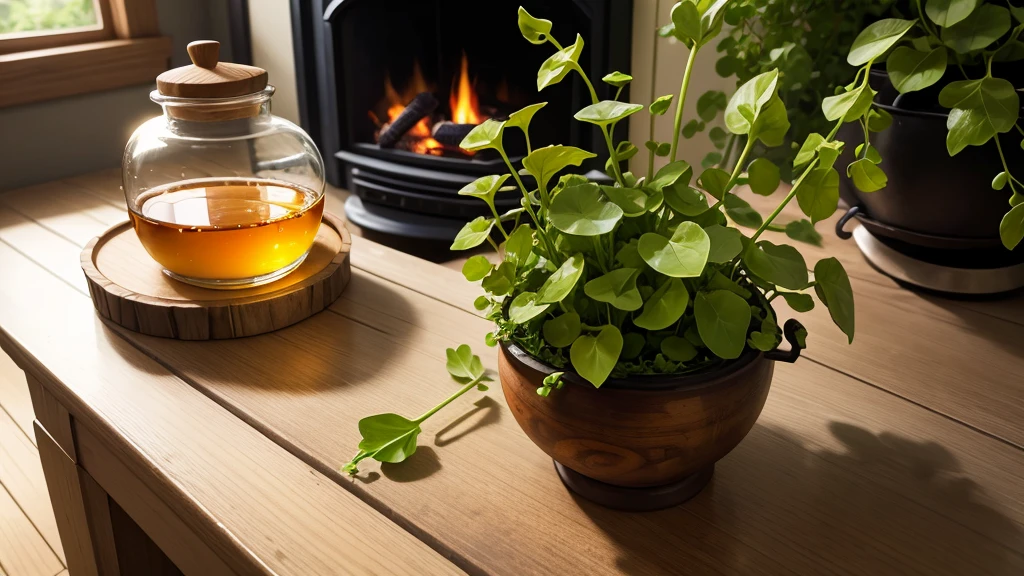 glass pot with honey on wood stove, watercress and Hibiscus leaves