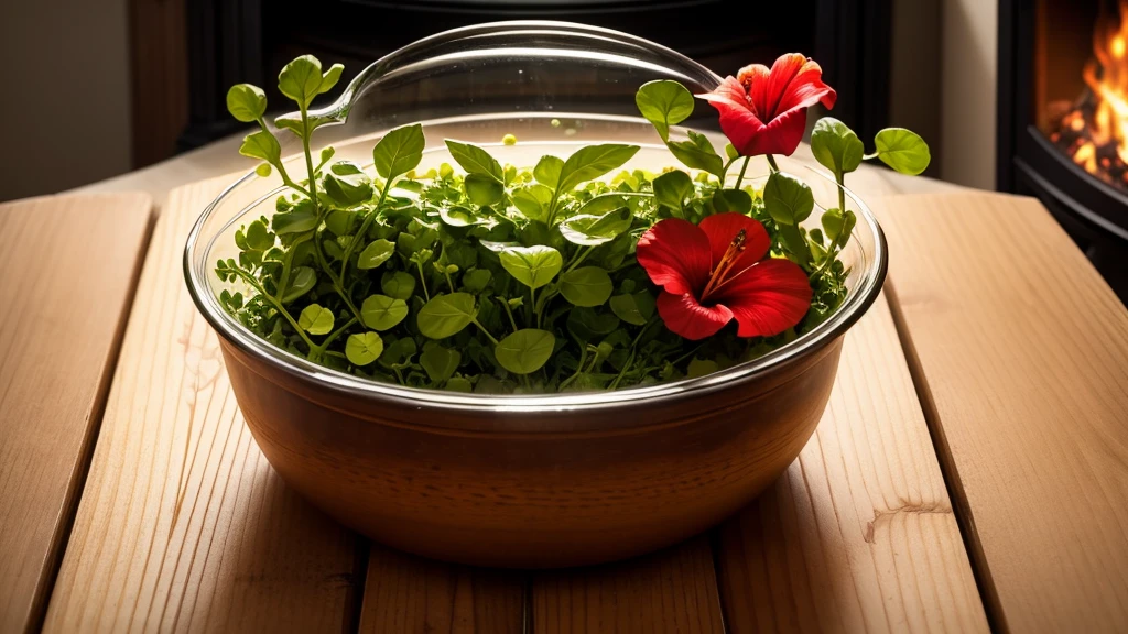 glass pot with honey on wood stove, watercress and Hibiscus leaves