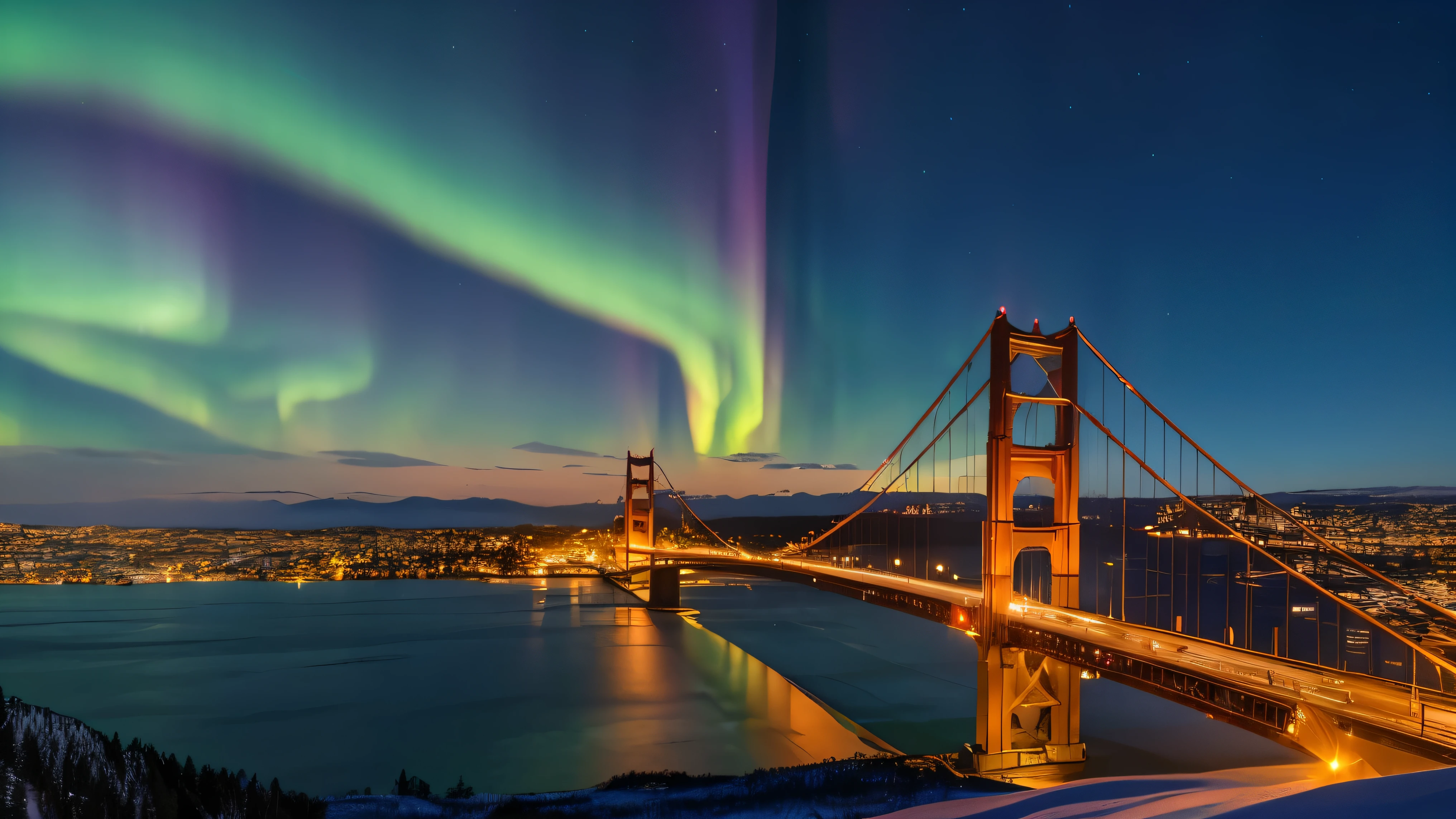 Masterpiece, wallpaper hi-res 8k,golden gate bridge, Late Night,Aurora, Snow-covered