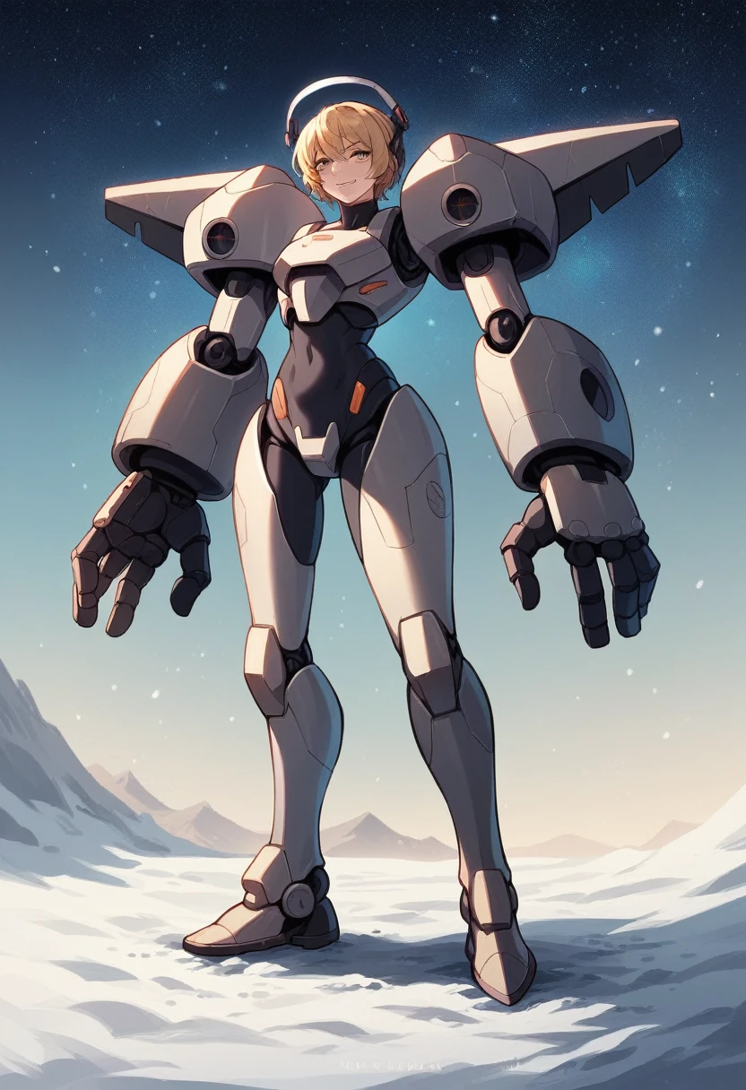 Movie Light, Full body, An ultra hot, beautiful European, Elena Alpha, Age 23, blond hair. She is a playmate, men magazine model. She has a subtle smile and flirts with the camera, Slim body.She stands in front of a mecha robot. In a snowy landscape, starry winter night, Northern Lights. She wears a tight engineer's total. sexy Pose.