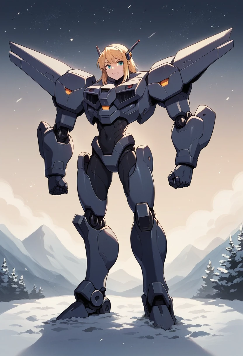 Movie Light, Full body, An ultra hot, beautiful European, Elena Alpha, Age 23, blond hair. She is a playmate, men magazine model. She has a subtle smile and flirts with the camera, Slim body.She stands in front of a mecha robot. In a snowy landscape, starry winter night, Northern Lights. She wears a tight engineer's total. sexy Pose.